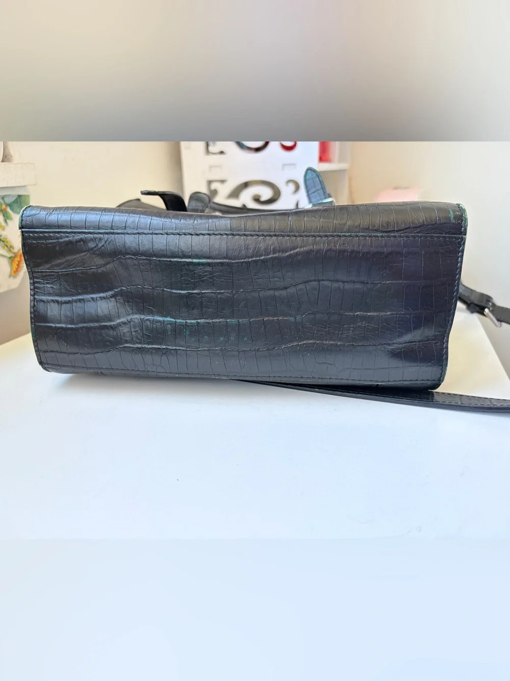 henri bendel Black Croc-Embossed Structured Top-Handle Bag
